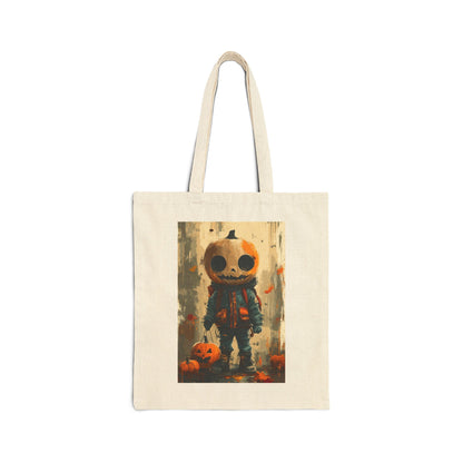 Playful Trick Or treater Pumpkin Head Cotton Canvas Tote Bag