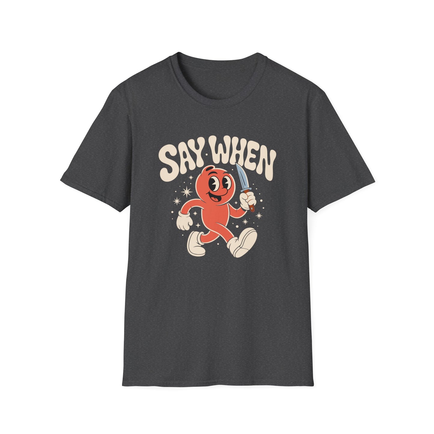 Stabby McPeachface Say When T-Shirt  Funny Retro Cartoon Knife Character