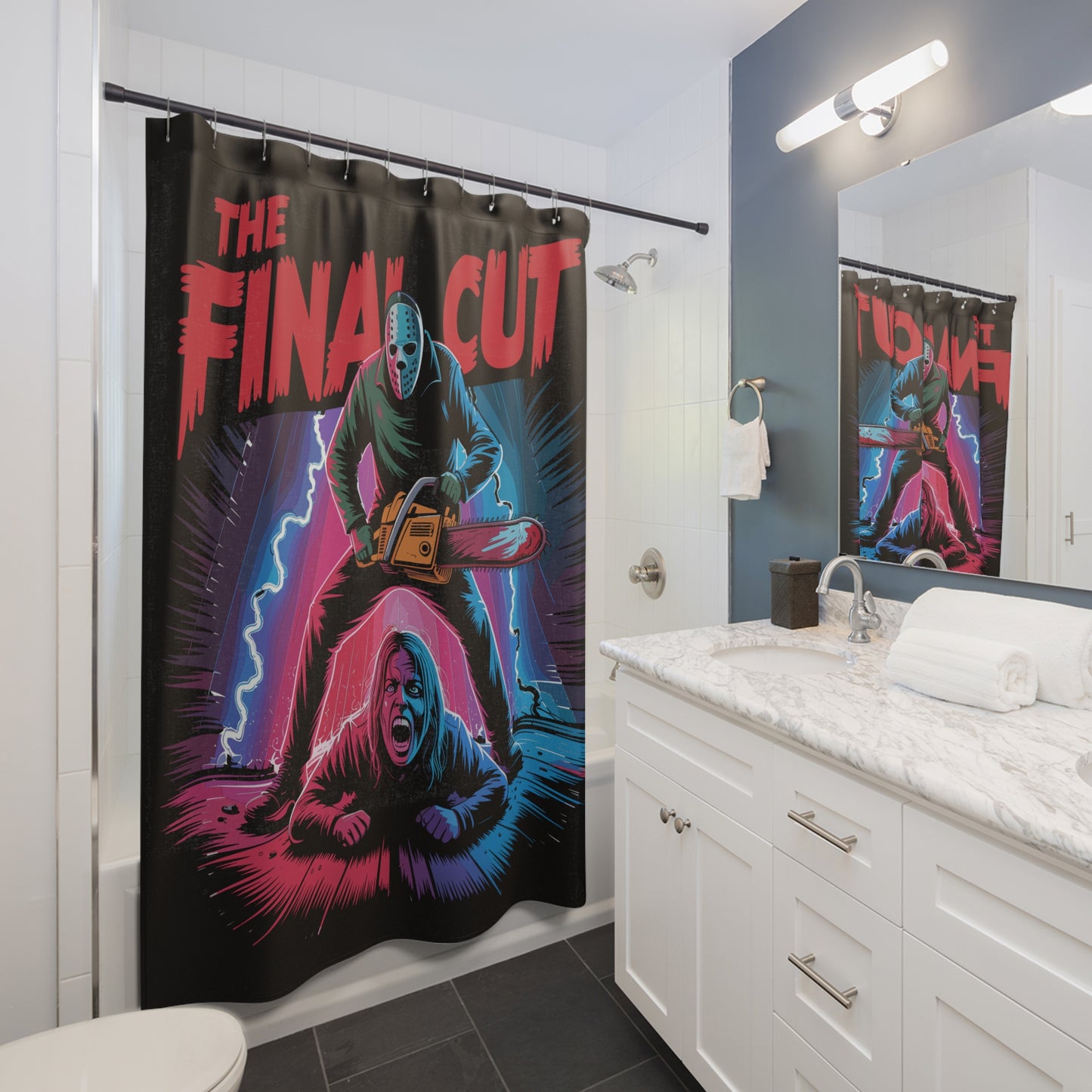 The Final Cut Slasher Long Sleeve Halloween T-Shirt Retro 80s Horror Chainsaw Graphic Tee Halloween Shower Curtain