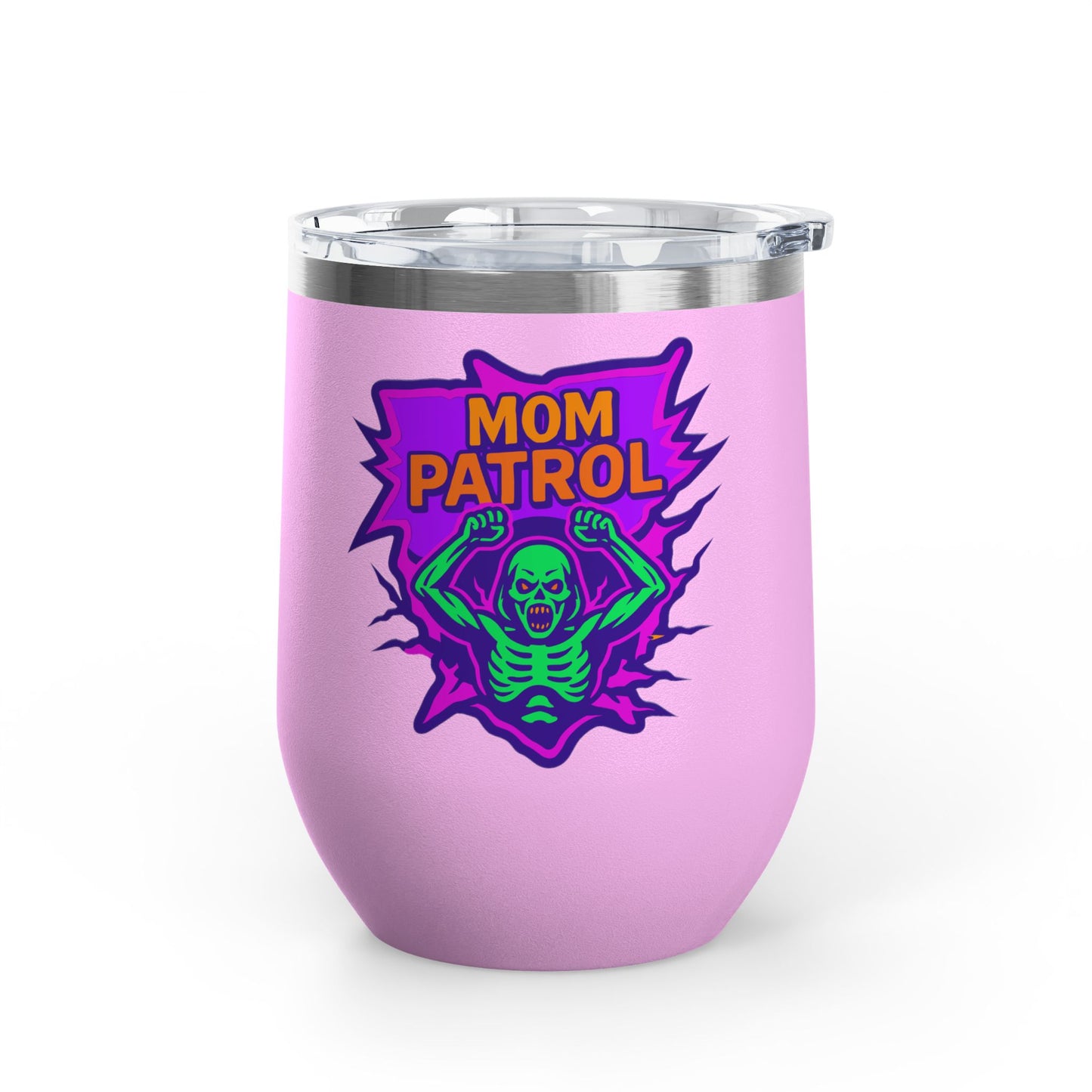 Mom Patrol Wine Tumbler | Fun Skeleton Design, Unique Gift for Moms, Halloween, Parties, Wine Lovers, Summer