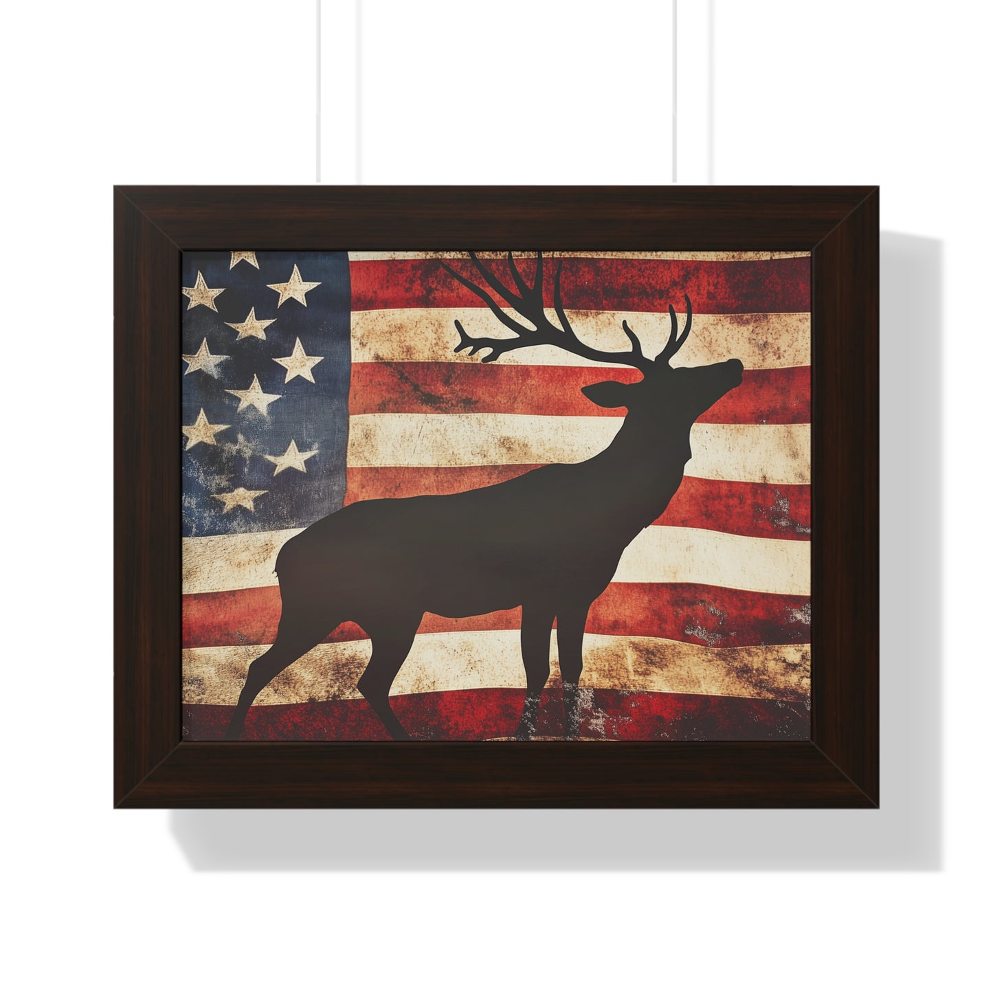 Distressed Vintage American Flag w/ Deer Silhouette Framed Horizontal Poster