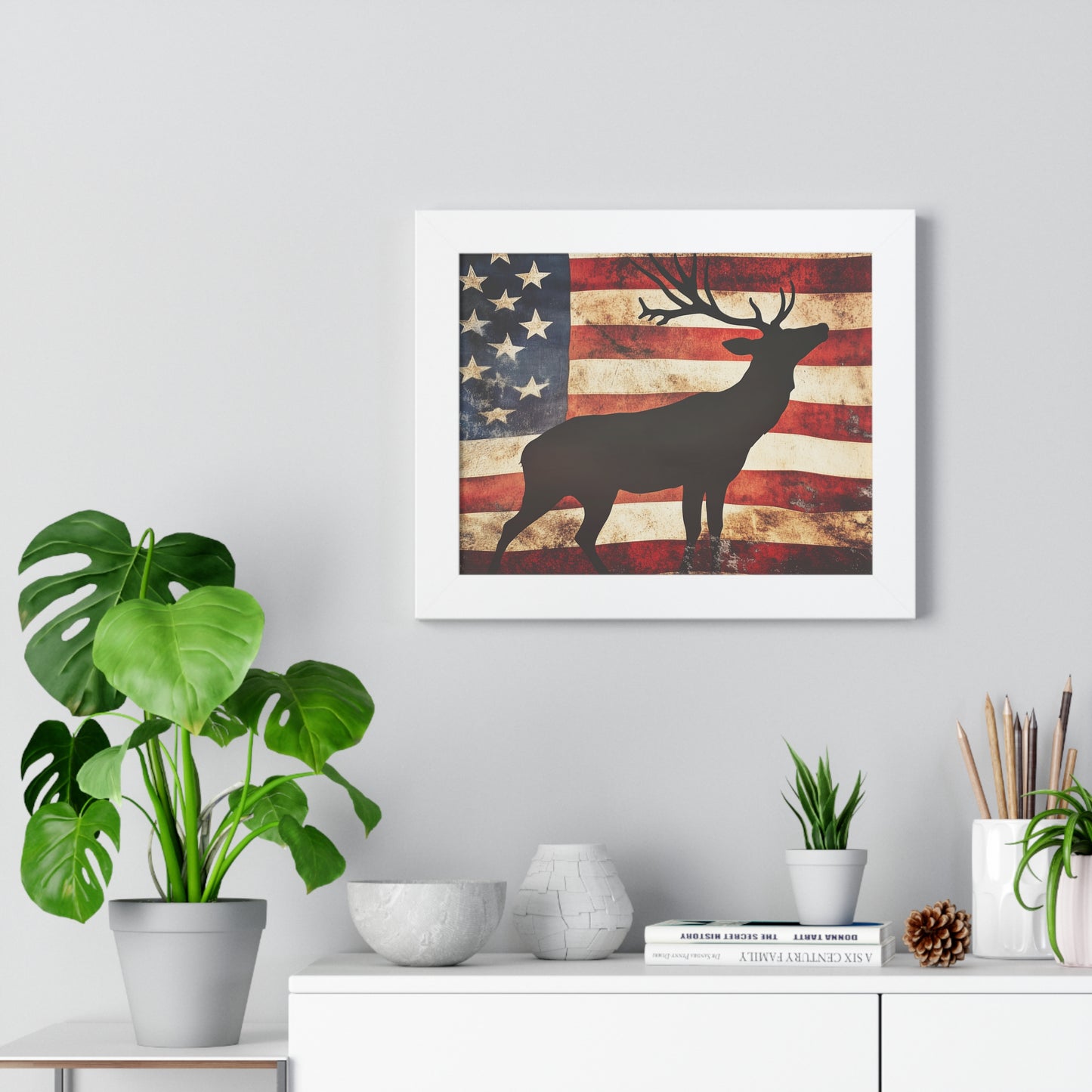 Distressed Vintage American Flag w/ Deer Silhouette Framed Horizontal Poster