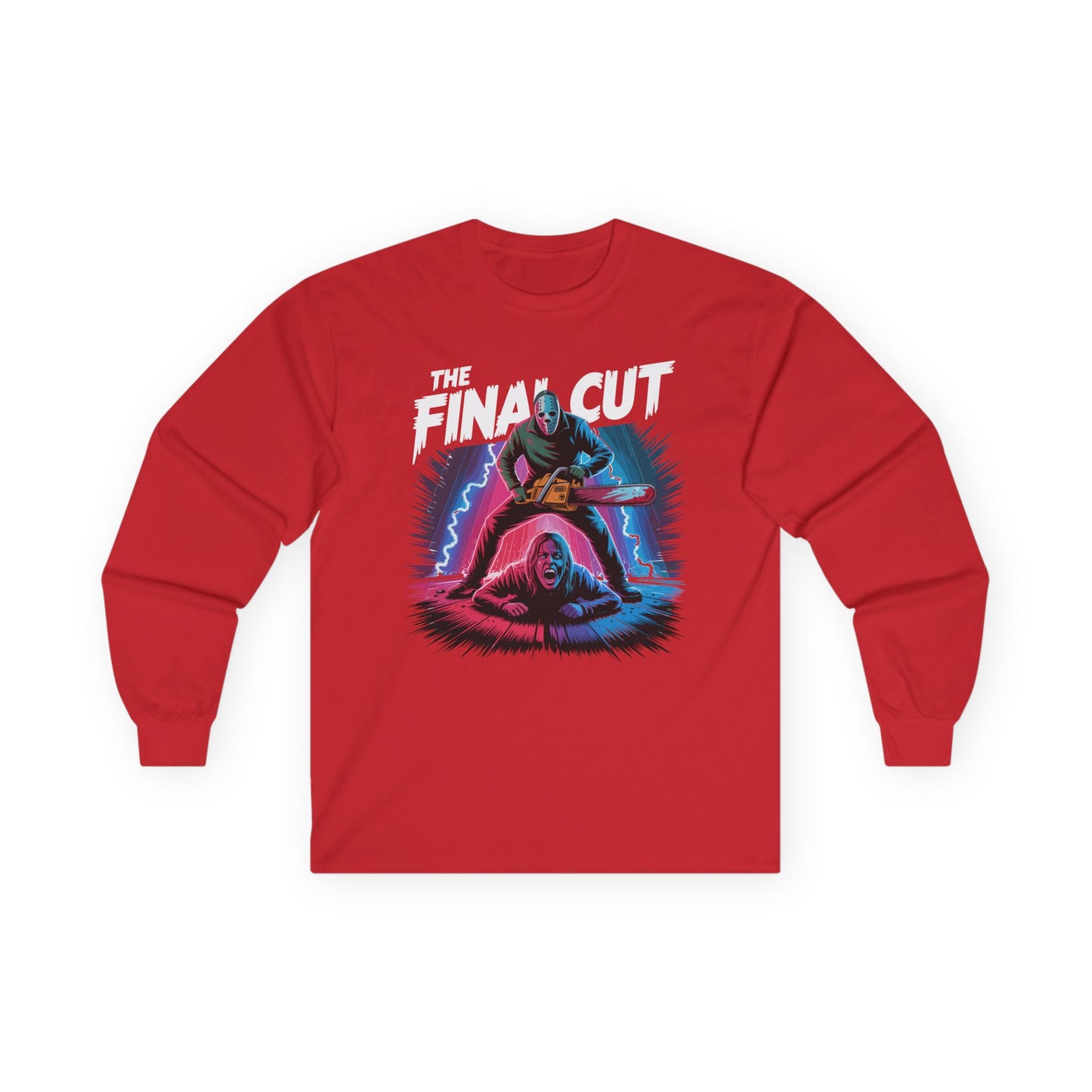 Final Cut Slasher LongSleeve Halloween T Shirt Retro 80s Horror Chainsaw Graphic Tee