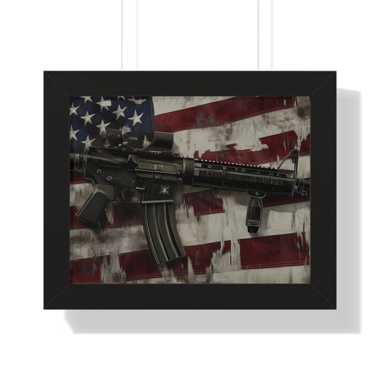 AR Style Rifle with Distressed Vintage American Flag Framed Horizontal Poster