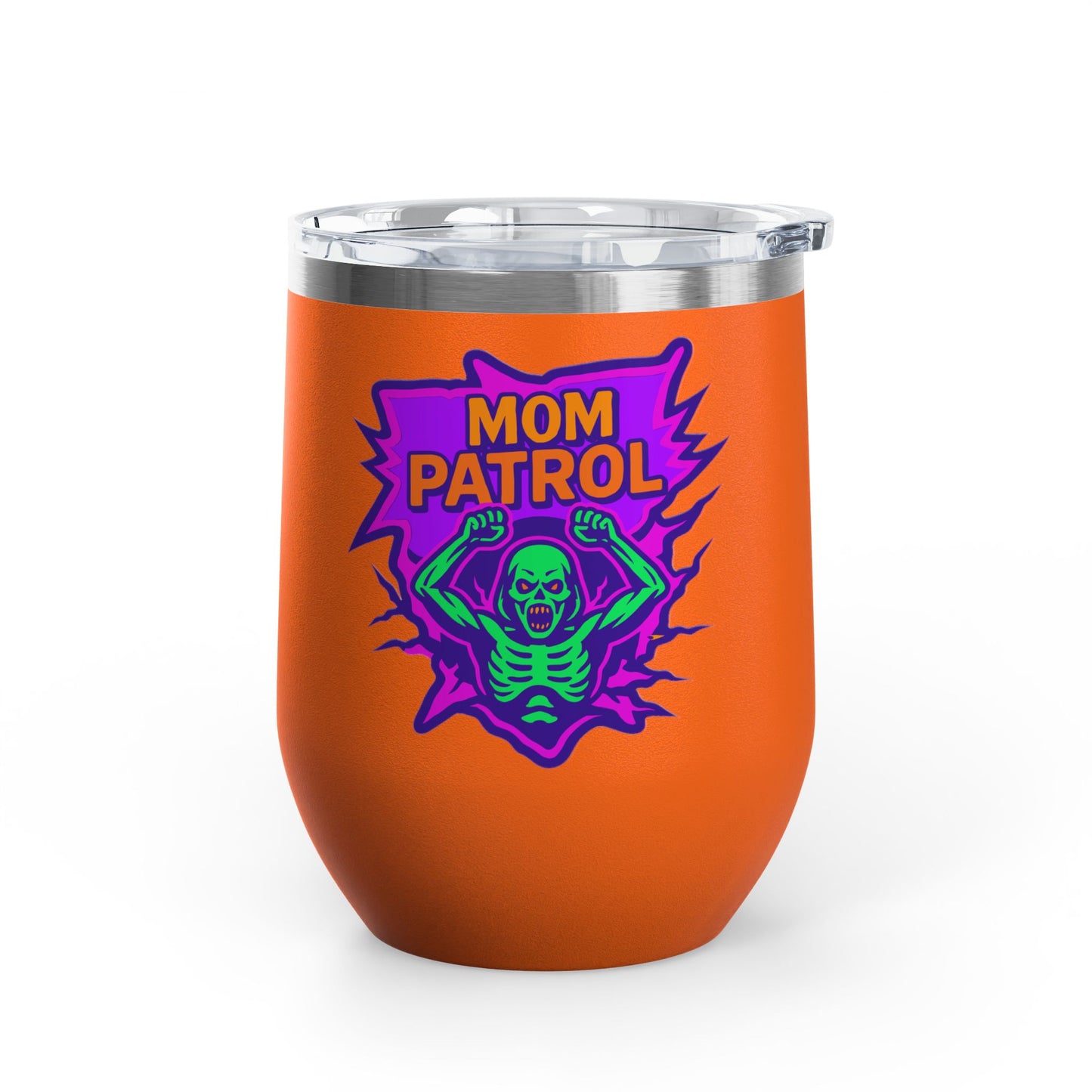 Mom Patrol Wine Tumbler | Fun Skeleton Design, Unique Gift for Moms, Halloween, Parties, Wine Lovers, Summer