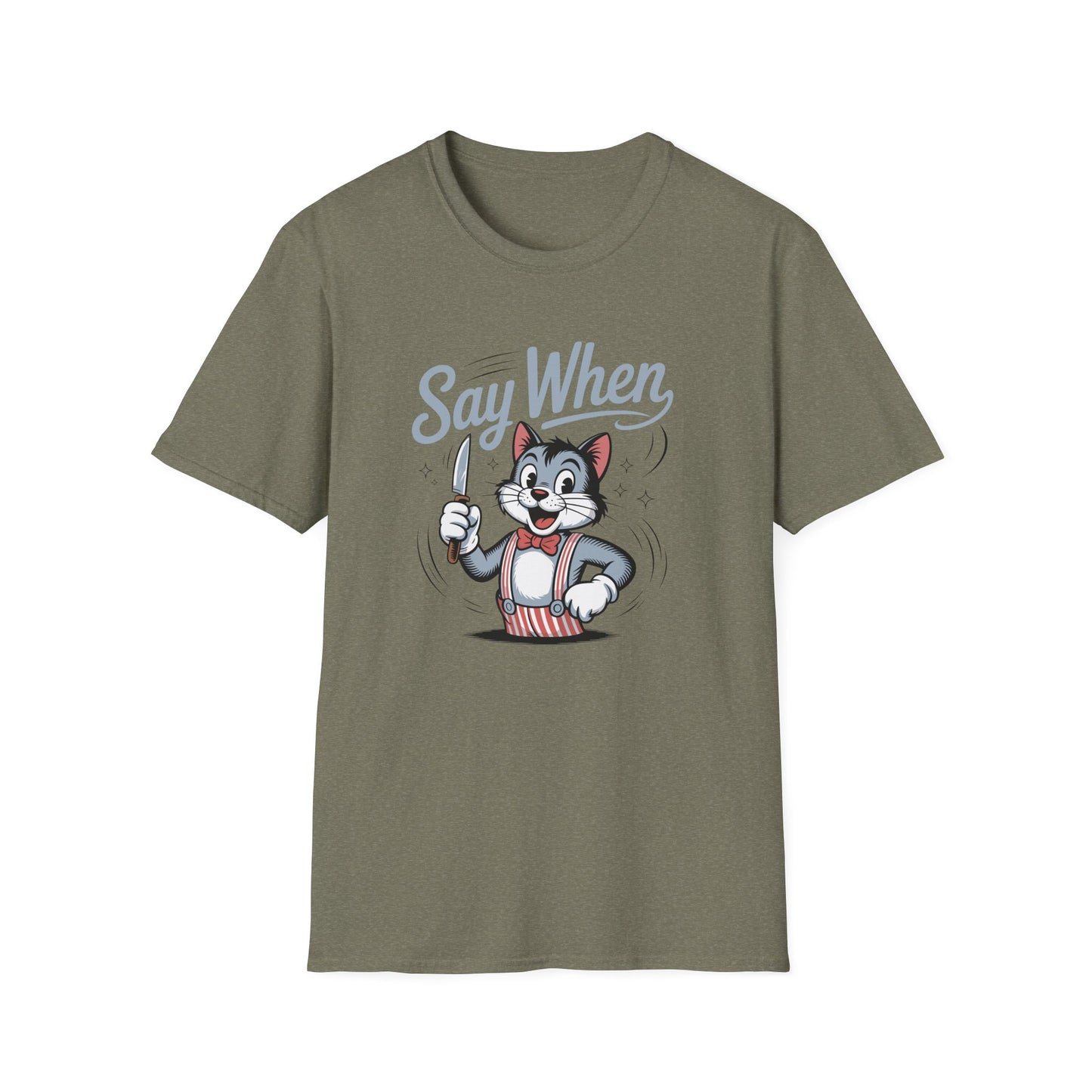 Whisker Jack Say When T-Shirt  Retro Cat Cartoon Knife Tee
