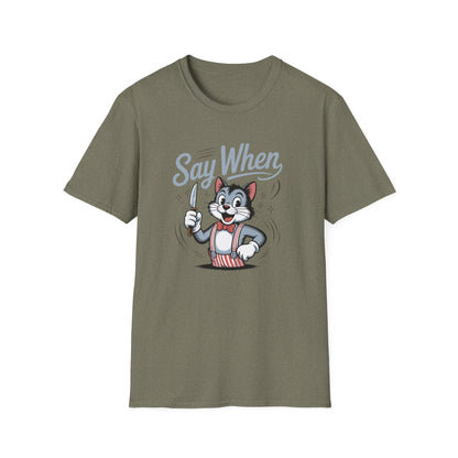 Whisker Jack Say When T-Shirt  Retro Cat Cartoon Knife Tee