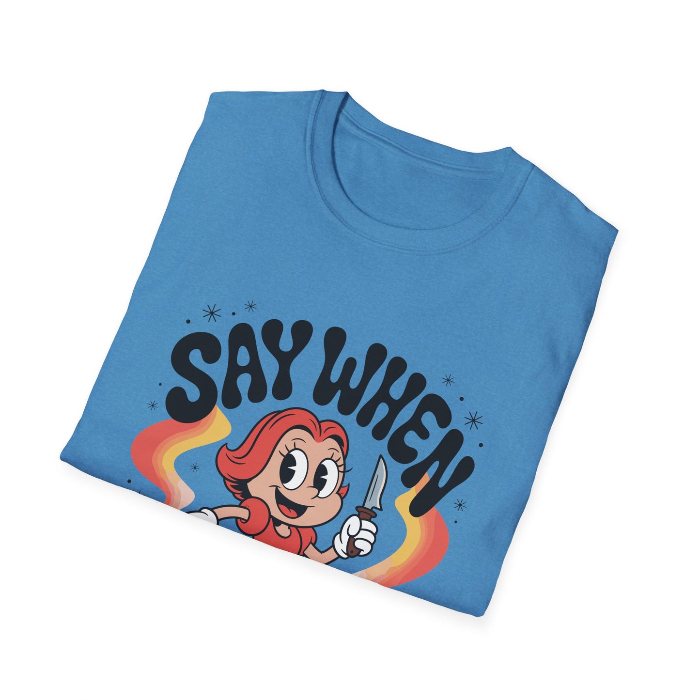 Miss Stabby Say When T-Shirt Funny Retro Cartoon Knife Girl Tee
