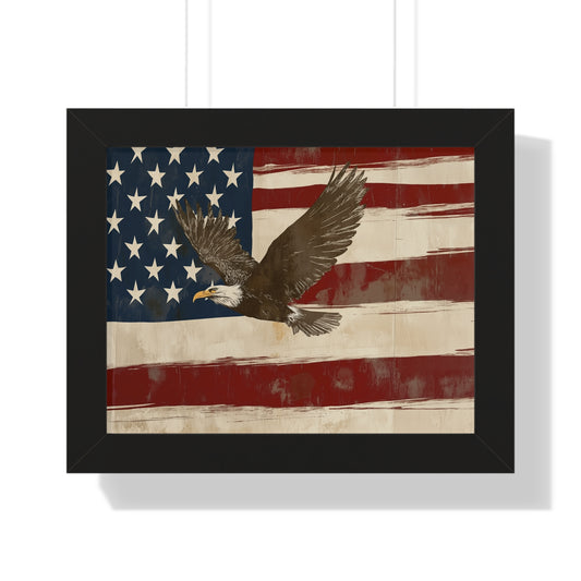 Distressed Vintage American Flag w/ Eagle Framed Horizontal Poster