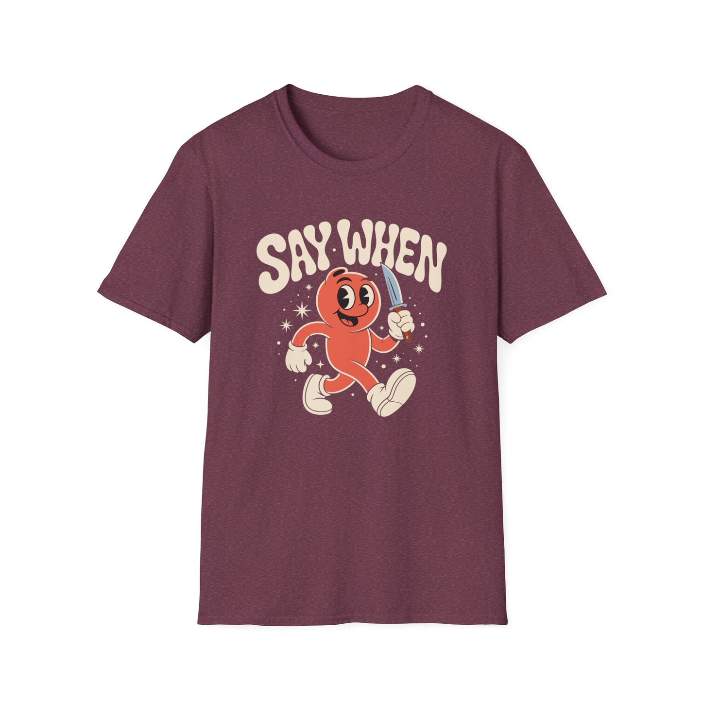 Stabby McPeachface Say When T-Shirt  Funny Retro Cartoon Knife Character