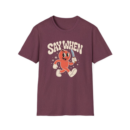Stabby McPeachface Say When T-Shirt  Funny Retro Cartoon Knife Character