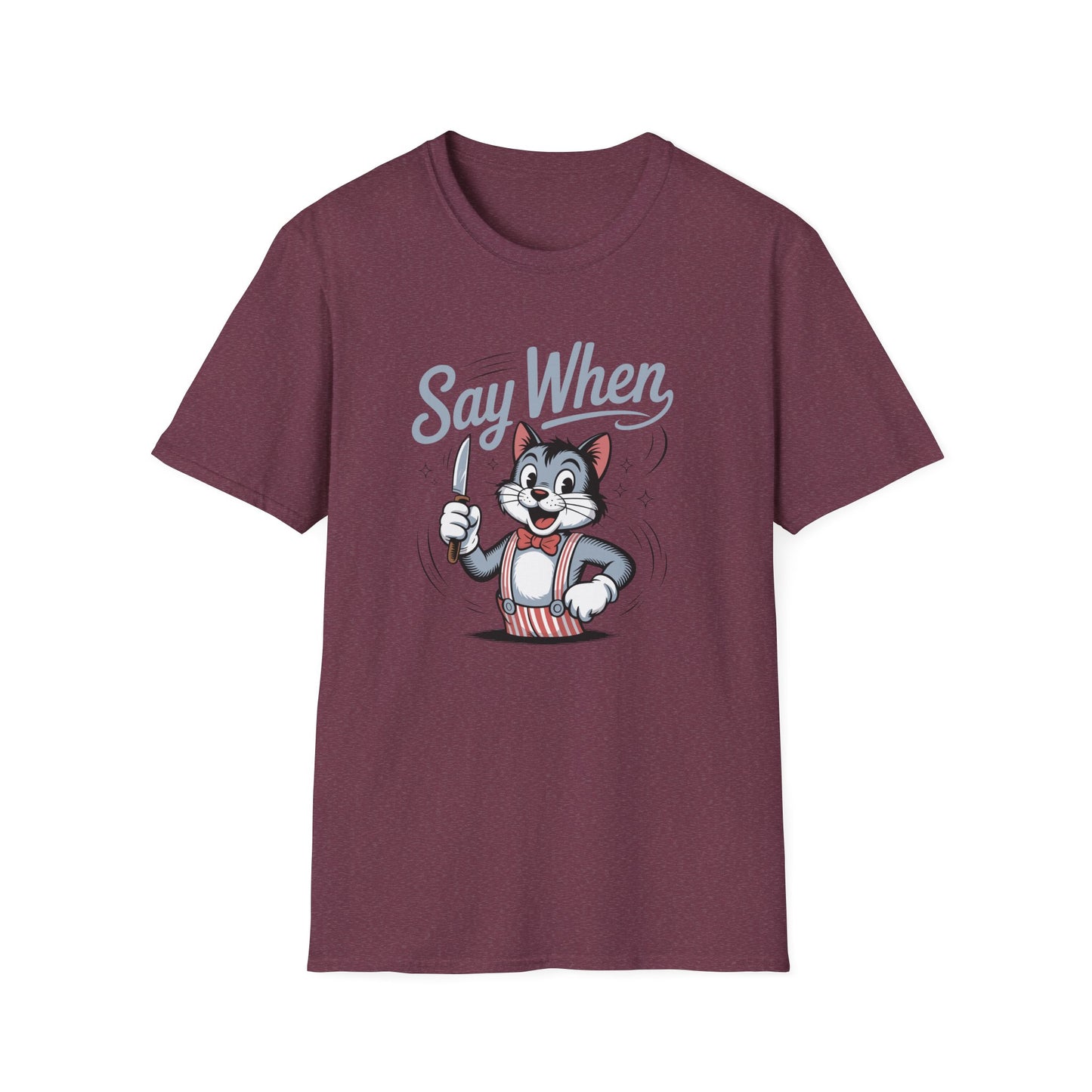 Whisker Jack Say When T-Shirt  Retro Cat Cartoon Knife Tee