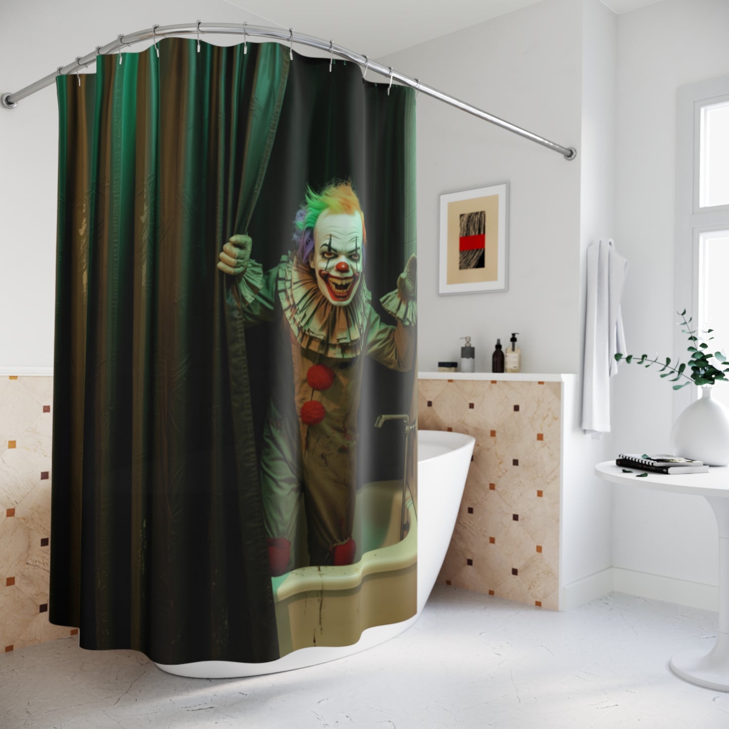 Creepy Clown Behind the Curtain Halloween Shower Curtain