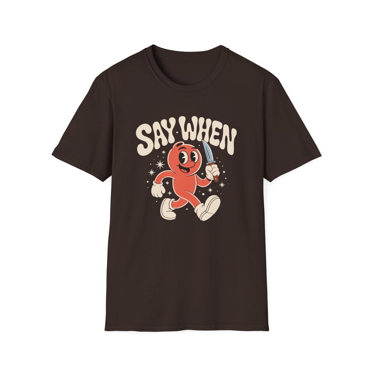 Stabby McPeachface Say When T-Shirt  Funny Retro Cartoon Knife Character