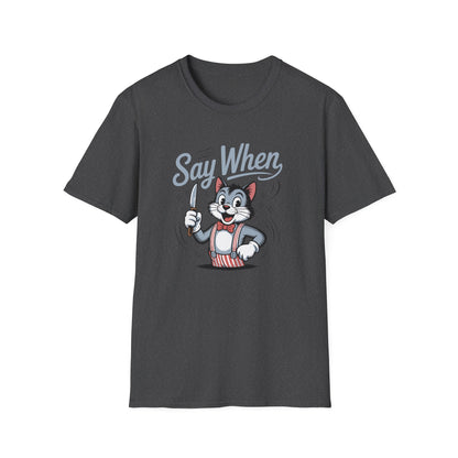 Whisker Jack Say When T-Shirt  Retro Cat Cartoon Knife Tee