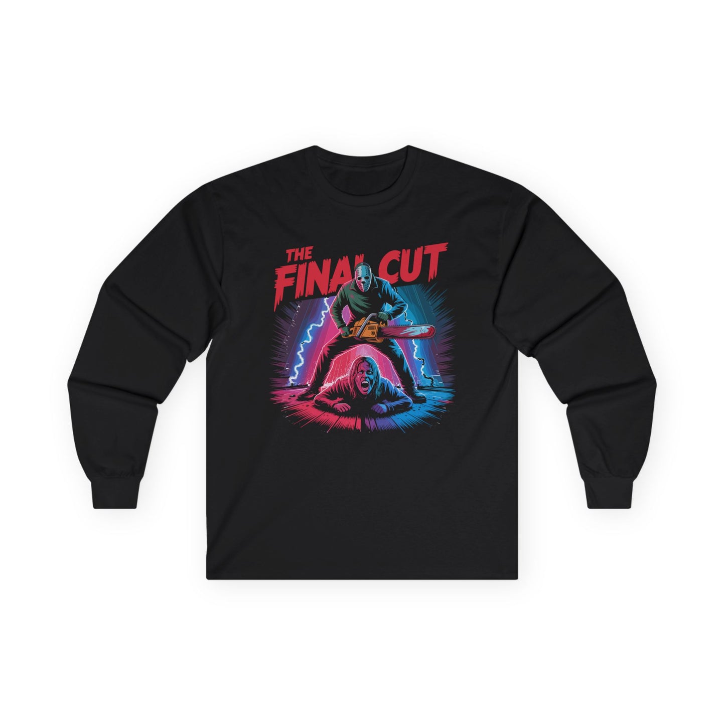 Final Cut Slasher LongSleeve Halloween T Shirt Retro 80s Horror Chainsaw Graphic Tee