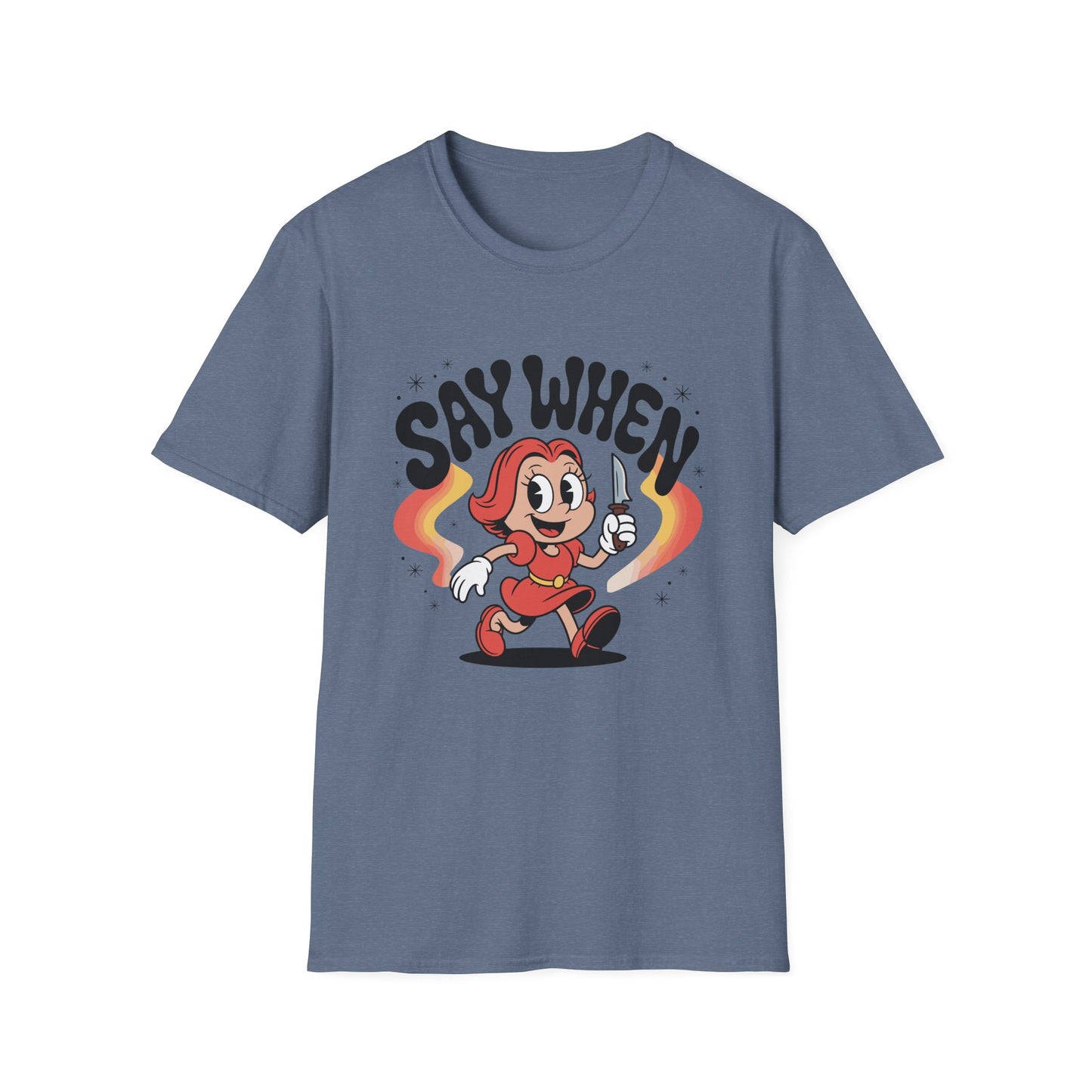 Miss Stabby Say When T-Shirt Funny Retro Cartoon Knife Girl Tee