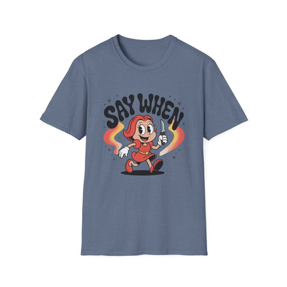 Miss Stabby Say When T-Shirt Funny Retro Cartoon Knife Girl Tee