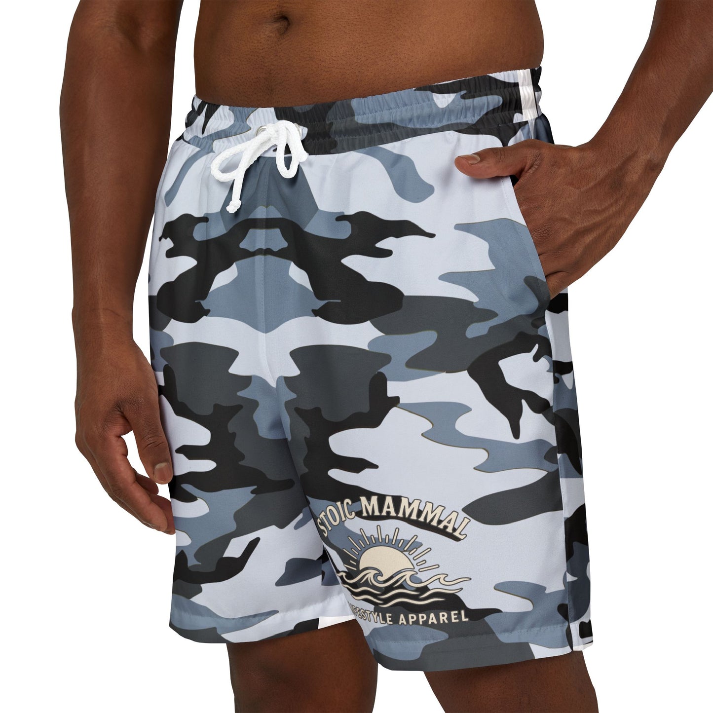 Coastal Shadow Camo Swim Shorts  Stoic Mammal Tactical Trunks for Bold Water Warriors