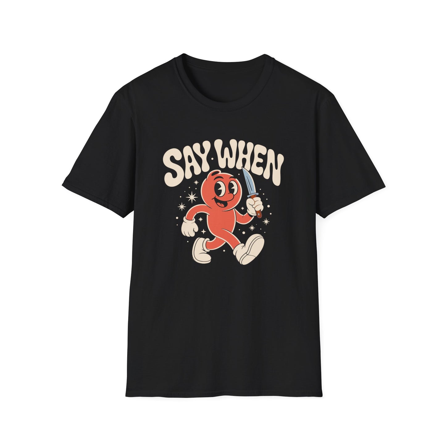 Stabby McPeachface Say When T-Shirt  Funny Retro Cartoon Knife Character
