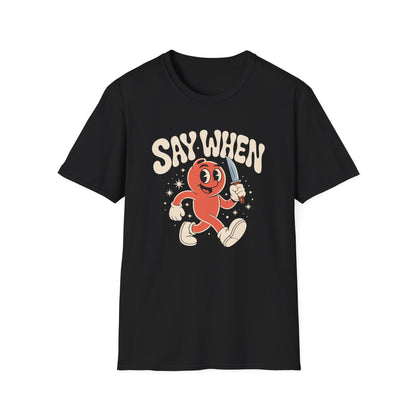 Stabby McPeachface Say When T-Shirt  Funny Retro Cartoon Knife Character