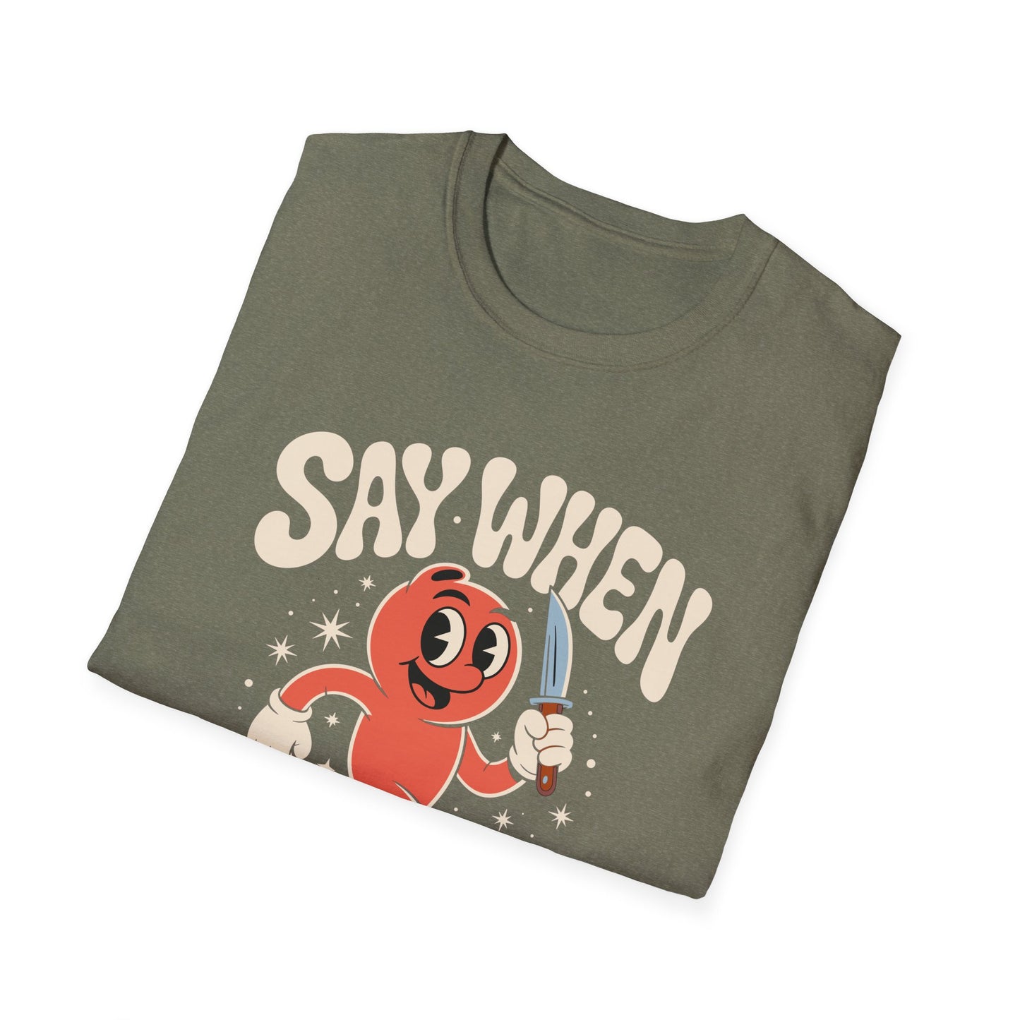 Stabby McPeachface Say When T-Shirt  Funny Retro Cartoon Knife Character