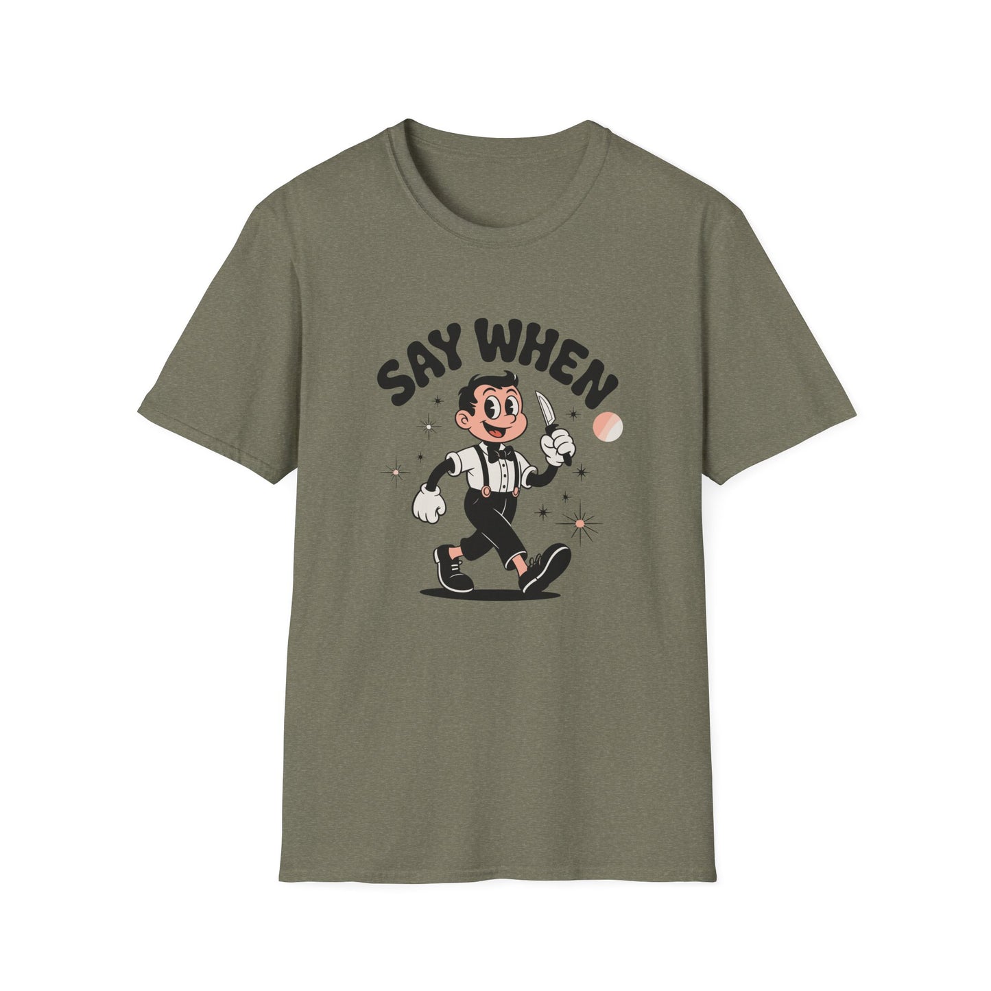 Tiptoe Tony Say When T-Shirt Retro Funny Cartoon Knife Tee