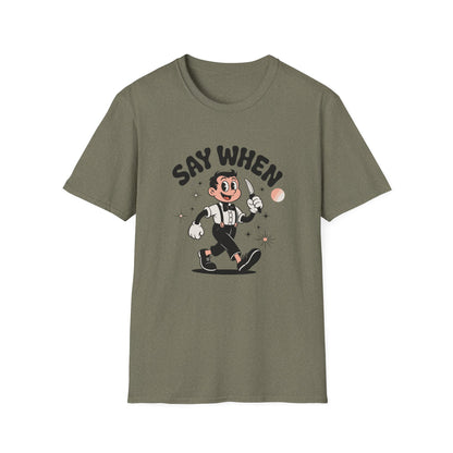 Tiptoe Tony Say When T-Shirt Retro Funny Cartoon Knife Tee