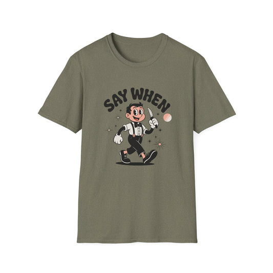 Tiptoe Tony Say When T-Shirt Retro Funny Cartoon Knife Tee
