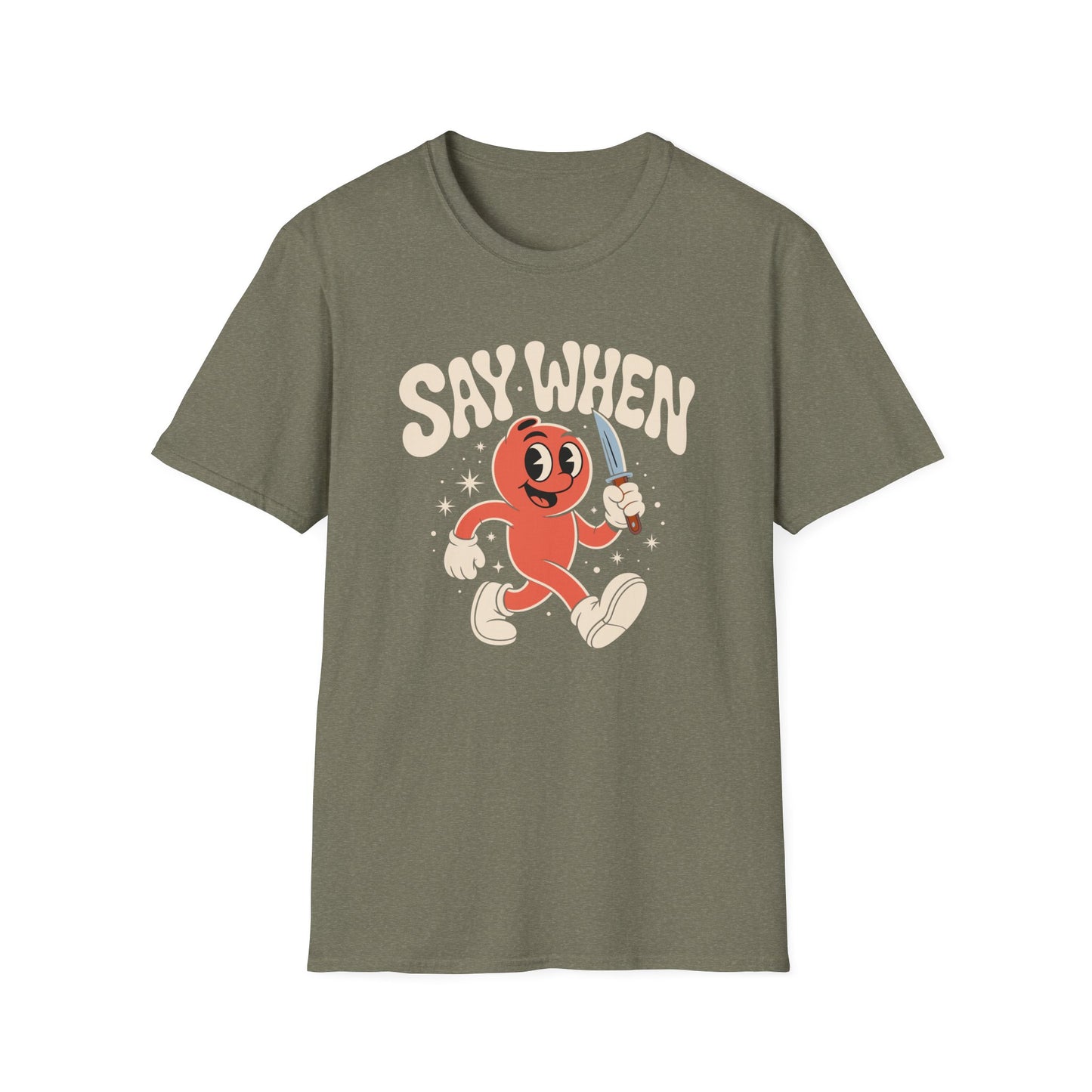 Stabby McPeachface Say When T-Shirt  Funny Retro Cartoon Knife Character