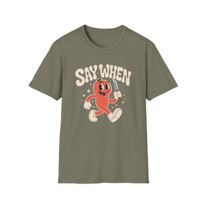Stabby McPeachface Say When T-Shirt  Funny Retro Cartoon Knife Character