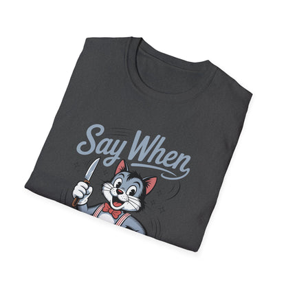 Whisker Jack Say When T-Shirt  Retro Cat Cartoon Knife Tee