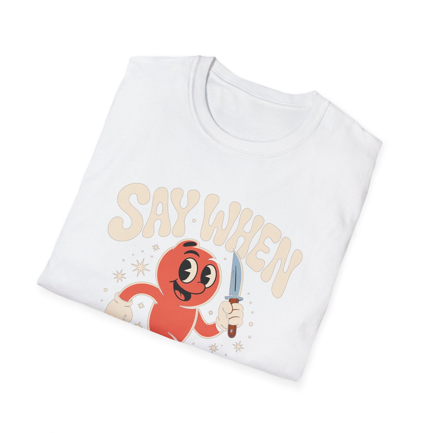 Stabby McPeachface Say When T-Shirt  Funny Retro Cartoon Knife Character