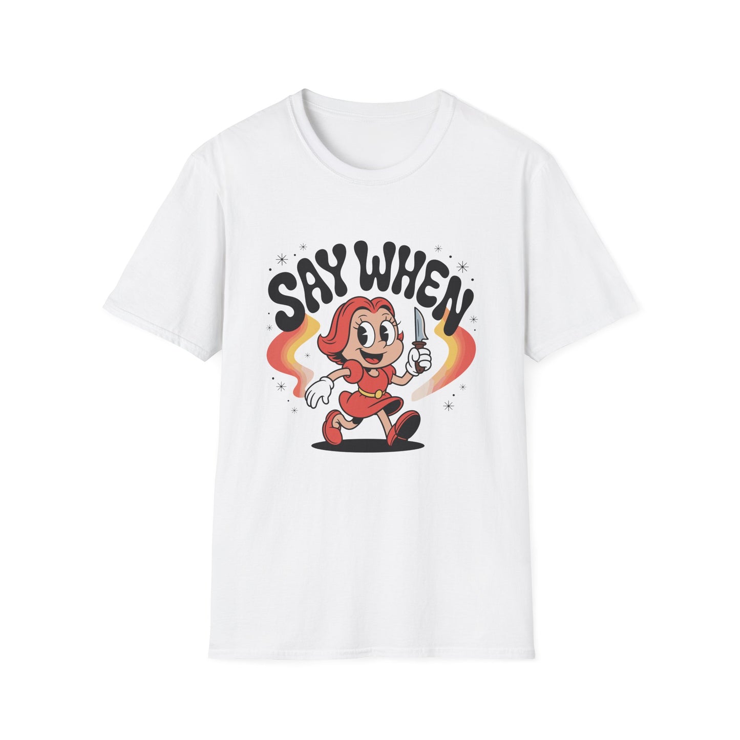 Miss Stabby Say When T-Shirt Funny Retro Cartoon Knife Girl Tee