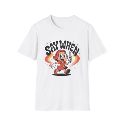 Miss Stabby Say When T-Shirt Funny Retro Cartoon Knife Girl Tee