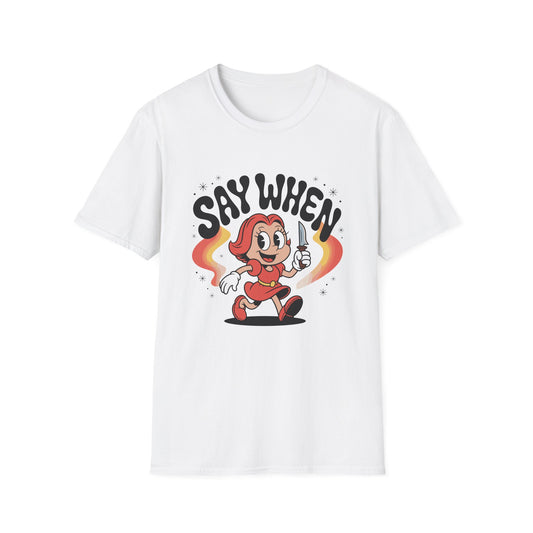 Miss Stabby Say When T-Shirt Funny Retro Cartoon Knife Girl Tee