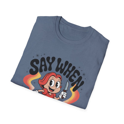 Miss Stabby Say When T-Shirt Funny Retro Cartoon Knife Girl Tee