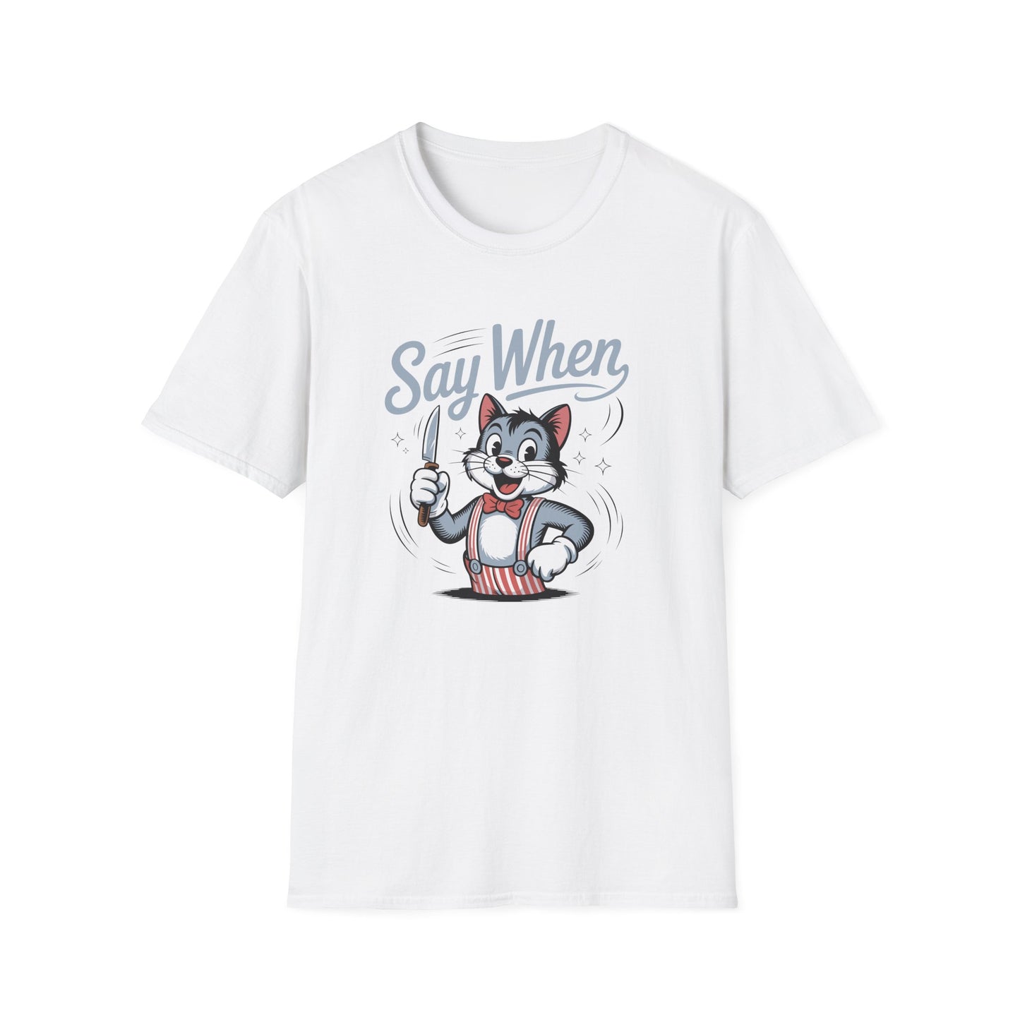 Whisker Jack Say When T-Shirt  Retro Cat Cartoon Knife Tee