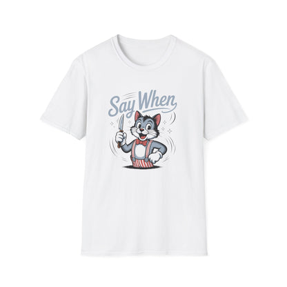 Whisker Jack Say When T-Shirt  Retro Cat Cartoon Knife Tee