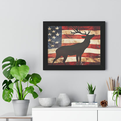 Distressed Vintage American Flag w/ Deer Silhouette Framed Horizontal Poster