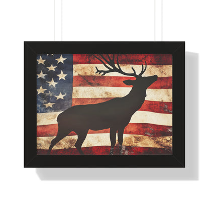 Distressed Vintage American Flag w/ Deer Silhouette Framed Horizontal Poster