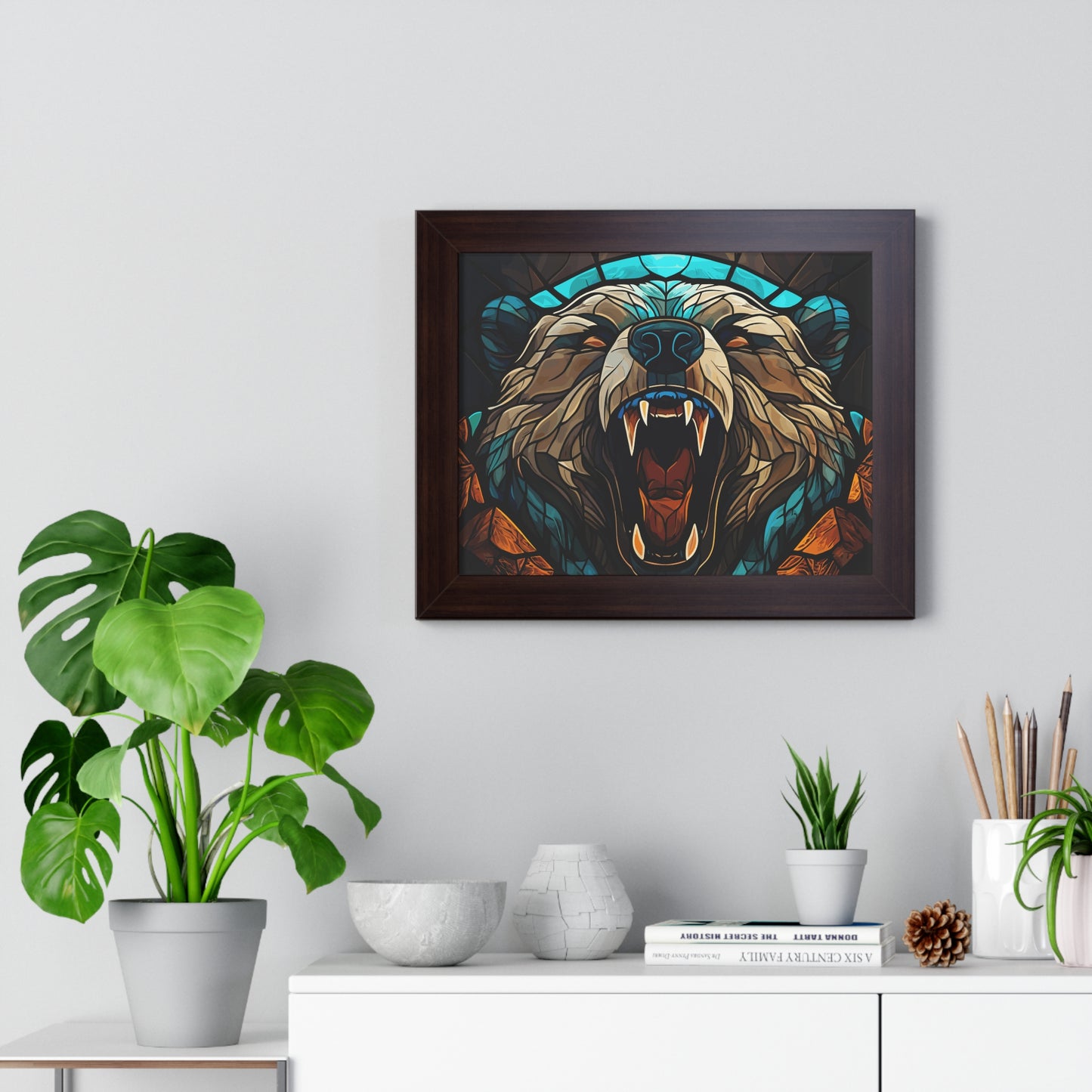 Grizzly Bear Stain Glass Theme Framed Horizontal Poster