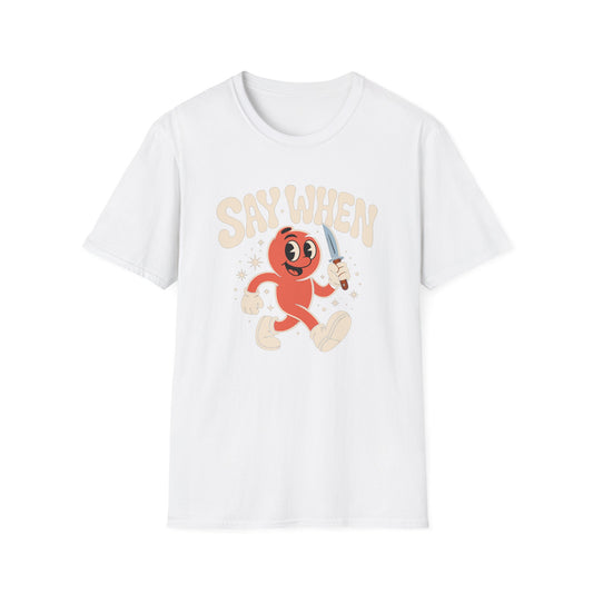 Stabby McPeachface Say When T-Shirt  Funny Retro Cartoon Knife Character
