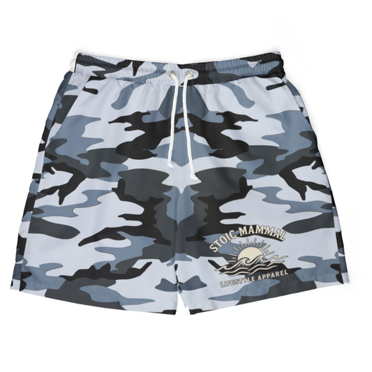 Coastal Shadow Camo Swim Shorts  Stoic Mammal Tactical Trunks for Bold Water Warriors