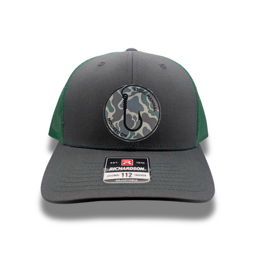 Hooked On Trucker Hat – Charcoal & Green Mesh (Richardson 112)