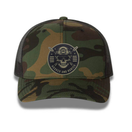 Hooked and Hunted Soldier Edition OD Green Patch Green Camo Trucker Hat
