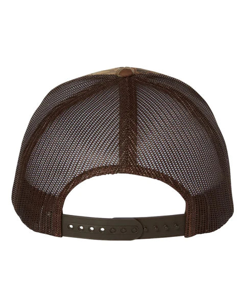 Hooked and Hunted Pebble Leatherette Patch Kryptex Camo 6 Panel Mesh Trucker Hat