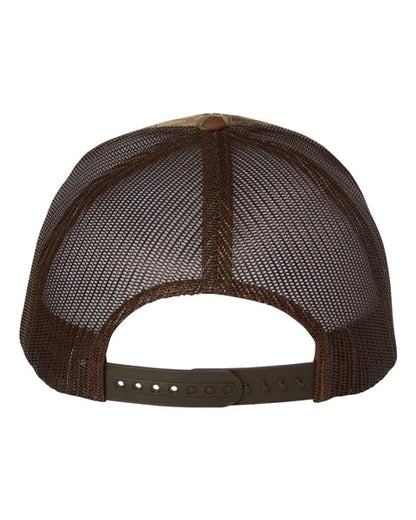 Hooked and Hunted Pebble Leatherette Patch Kryptex Camo 6 Panel Mesh Trucker Hat