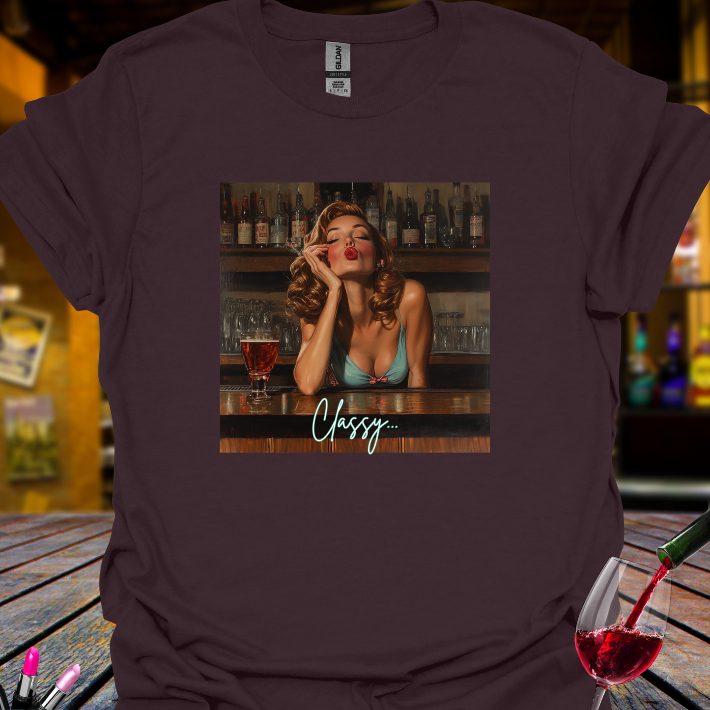 Classy Pin Up Girl In A Bar T Shirt