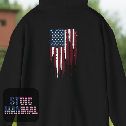 Distressed Grungy American  Back Piece Flag Stoic Mammal Unisex Heavy Blend™ Hooded Sweatshirt